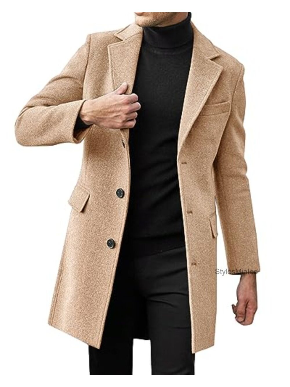 Mens Wool Blend Trench Pea Coat Notch Lapel Overcoat